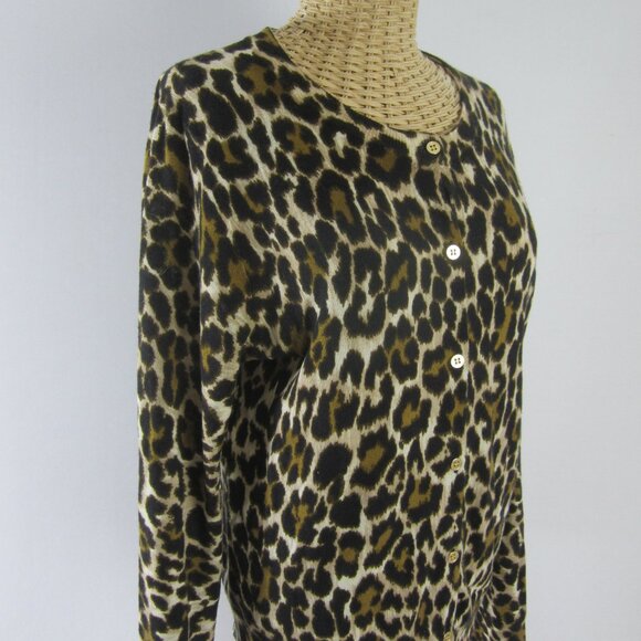 J Crew Womens L Brown Beige Cheetah Animal Print Merino Wool Cardigan Sweater - Picture 2 of 9